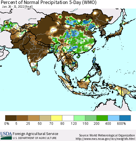 Asia Percent of Normal Precipitation 5-Day (WMO) Thematic Map For 1/26/2022 - 1/31/2022