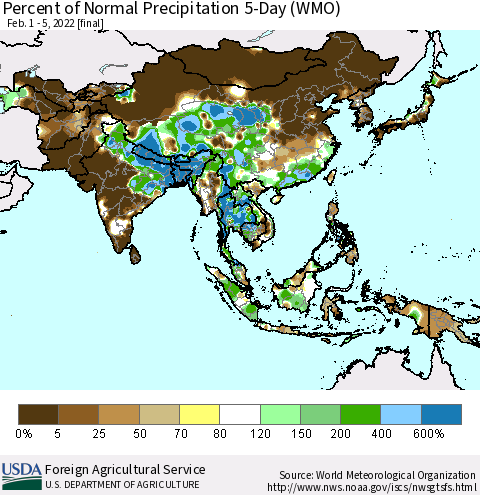 Asia Percent of Normal Precipitation 5-Day (WMO) Thematic Map For 2/1/2022 - 2/5/2022