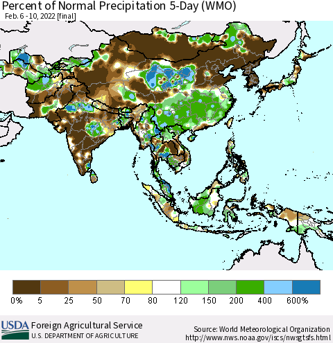 Asia Percent of Normal Precipitation 5-Day (WMO) Thematic Map For 2/6/2022 - 2/10/2022