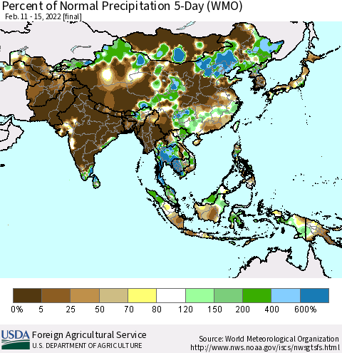 Asia Percent of Normal Precipitation 5-Day (WMO) Thematic Map For 2/11/2022 - 2/15/2022