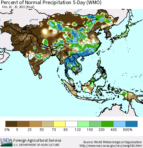 Asia Percent of Normal Precipitation 5-Day (WMO) Thematic Map For 2/16/2022 - 2/20/2022