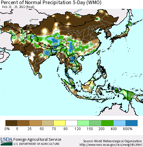 Asia Percent of Normal Precipitation 5-Day (WMO) Thematic Map For 2/21/2022 - 2/25/2022