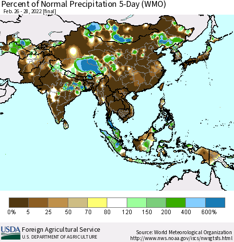 Asia Percent of Normal Precipitation 5-Day (WMO) Thematic Map For 2/26/2022 - 2/28/2022