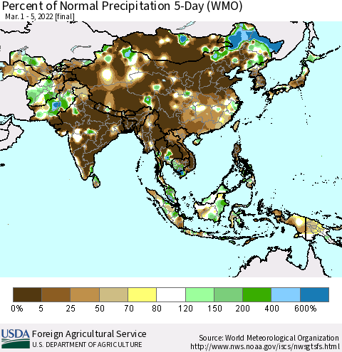 Asia Percent of Normal Precipitation 5-Day (WMO) Thematic Map For 3/1/2022 - 3/5/2022