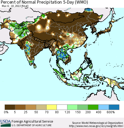 Asia Percent of Normal Precipitation 5-Day (WMO) Thematic Map For 3/6/2022 - 3/10/2022