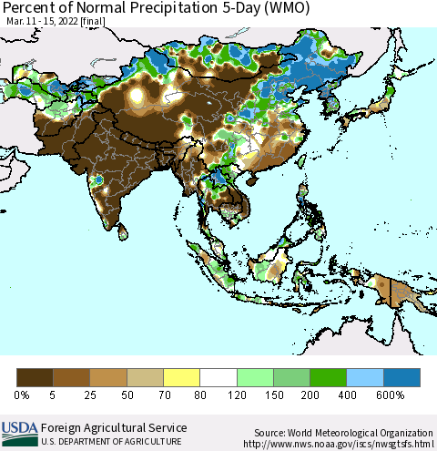 Asia Percent of Normal Precipitation 5-Day (WMO) Thematic Map For 3/11/2022 - 3/15/2022