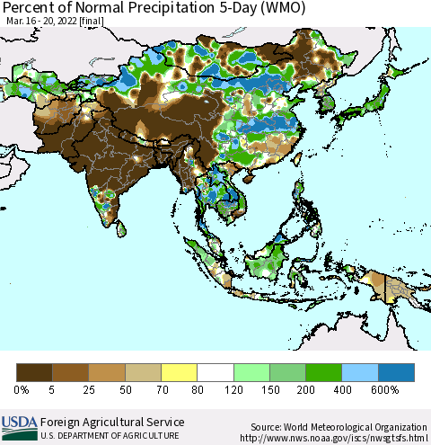 Asia Percent of Normal Precipitation 5-Day (WMO) Thematic Map For 3/16/2022 - 3/20/2022