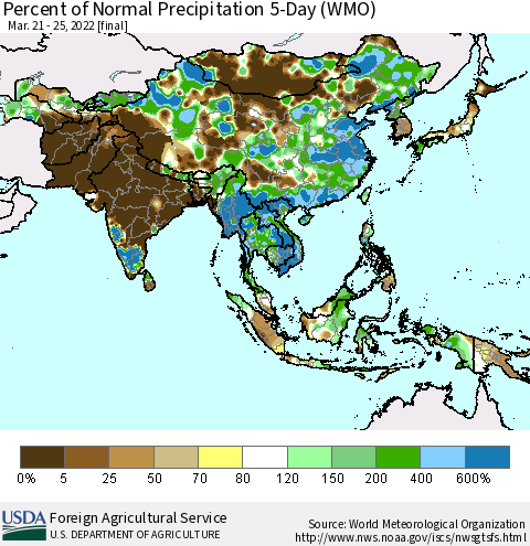 Asia Percent of Normal Precipitation 5-Day (WMO) Thematic Map For 3/21/2022 - 3/25/2022