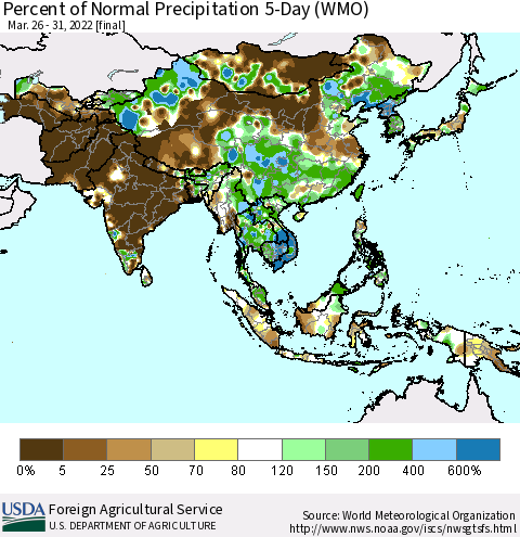 Asia Percent of Normal Precipitation 5-Day (WMO) Thematic Map For 3/26/2022 - 3/31/2022