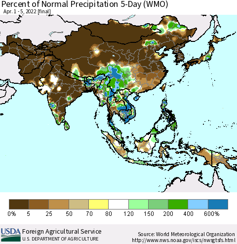 Asia Percent of Normal Precipitation 5-Day (WMO) Thematic Map For 4/1/2022 - 4/5/2022