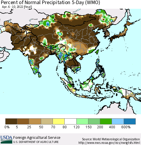 Asia Percent of Normal Precipitation 5-Day (WMO) Thematic Map For 4/6/2022 - 4/10/2022