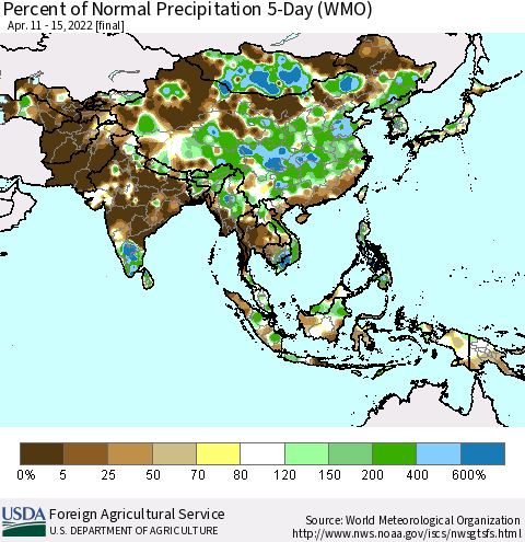 Asia Percent of Normal Precipitation 5-Day (WMO) Thematic Map For 4/11/2022 - 4/15/2022