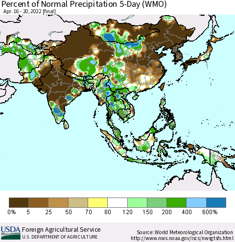 Asia Percent of Normal Precipitation 5-Day (WMO) Thematic Map For 4/16/2022 - 4/20/2022