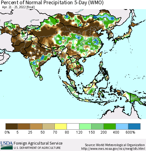 Asia Percent of Normal Precipitation 5-Day (WMO) Thematic Map For 4/21/2022 - 4/25/2022