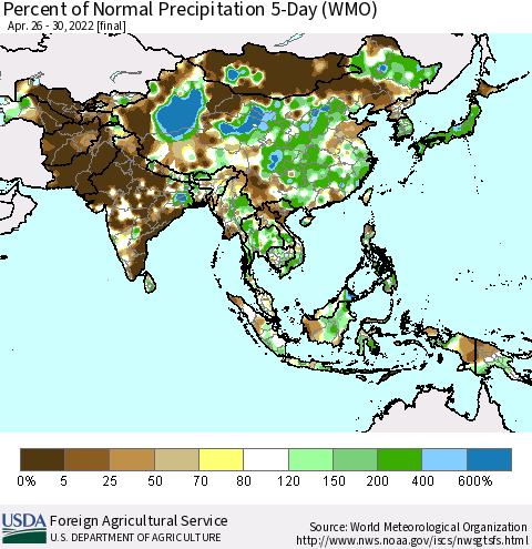 Asia Percent of Normal Precipitation 5-Day (WMO) Thematic Map For 4/26/2022 - 4/30/2022