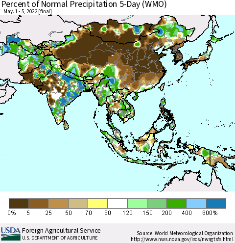 Asia Percent of Normal Precipitation 5-Day (WMO) Thematic Map For 5/1/2022 - 5/5/2022