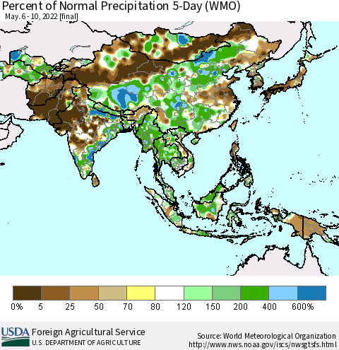 Asia Percent of Normal Precipitation 5-Day (WMO) Thematic Map For 5/6/2022 - 5/10/2022