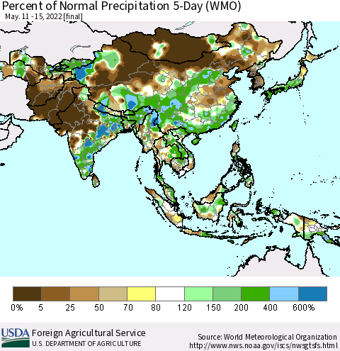 Asia Percent of Normal Precipitation 5-Day (WMO) Thematic Map For 5/11/2022 - 5/15/2022