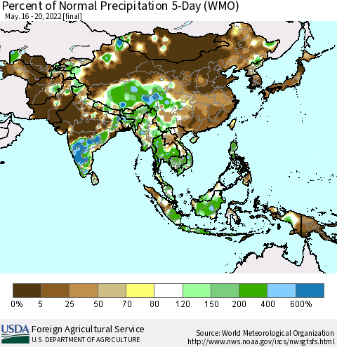 Asia Percent of Normal Precipitation 5-Day (WMO) Thematic Map For 5/16/2022 - 5/20/2022