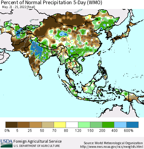 Asia Percent of Normal Precipitation 5-Day (WMO) Thematic Map For 5/21/2022 - 5/25/2022