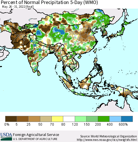 Asia Percent of Normal Precipitation 5-Day (WMO) Thematic Map For 5/26/2022 - 5/31/2022