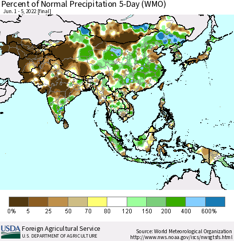 Asia Percent of Normal Precipitation 5-Day (WMO) Thematic Map For 6/1/2022 - 6/5/2022