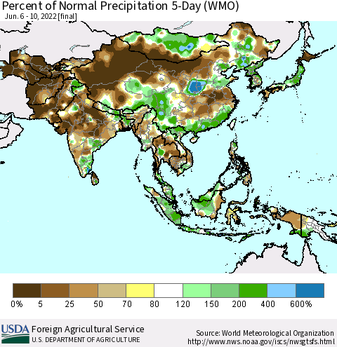 Asia Percent of Normal Precipitation 5-Day (WMO) Thematic Map For 6/6/2022 - 6/10/2022