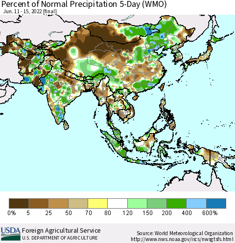 Asia Percent of Normal Precipitation 5-Day (WMO) Thematic Map For 6/11/2022 - 6/15/2022