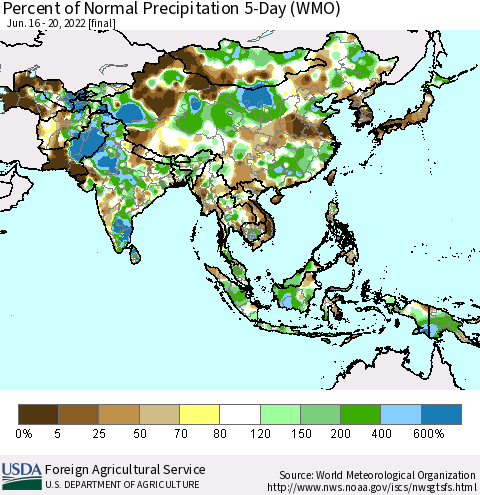 Asia Percent of Normal Precipitation 5-Day (WMO) Thematic Map For 6/16/2022 - 6/20/2022