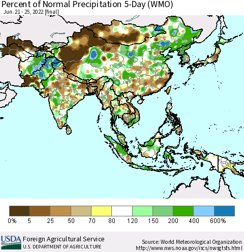 Asia Percent of Normal Precipitation 5-Day (WMO) Thematic Map For 6/21/2022 - 6/25/2022