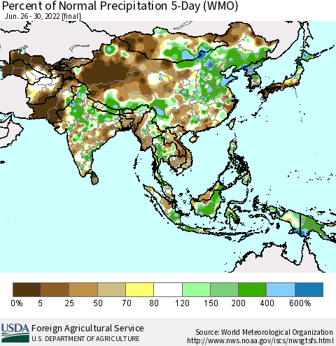 Asia Percent of Normal Precipitation 5-Day (WMO) Thematic Map For 6/26/2022 - 6/30/2022