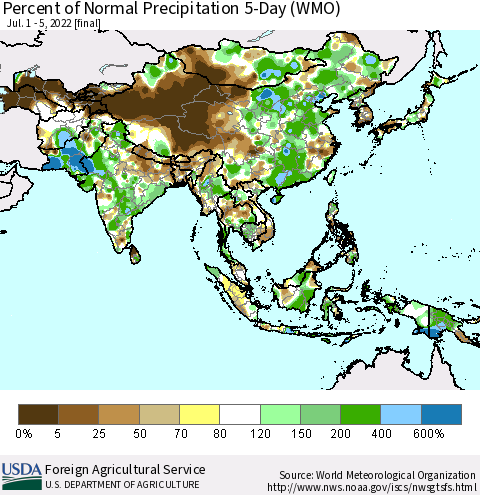 Asia Percent of Normal Precipitation 5-Day (WMO) Thematic Map For 7/1/2022 - 7/5/2022