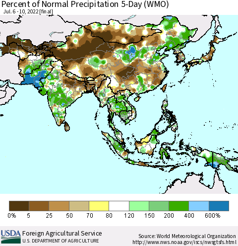 Asia Percent of Normal Precipitation 5-Day (WMO) Thematic Map For 7/6/2022 - 7/10/2022