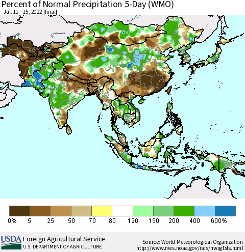 Asia Percent of Normal Precipitation 5-Day (WMO) Thematic Map For 7/11/2022 - 7/15/2022