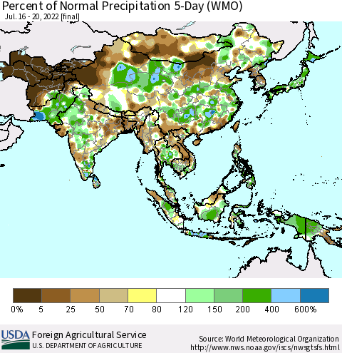 Asia Percent of Normal Precipitation 5-Day (WMO) Thematic Map For 7/16/2022 - 7/20/2022