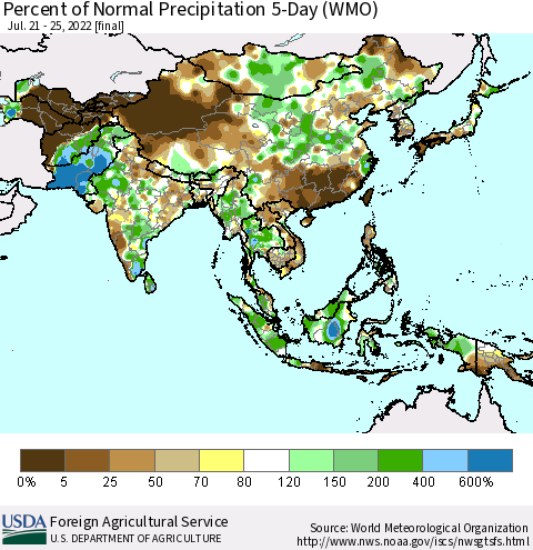 Asia Percent of Normal Precipitation 5-Day (WMO) Thematic Map For 7/21/2022 - 7/25/2022