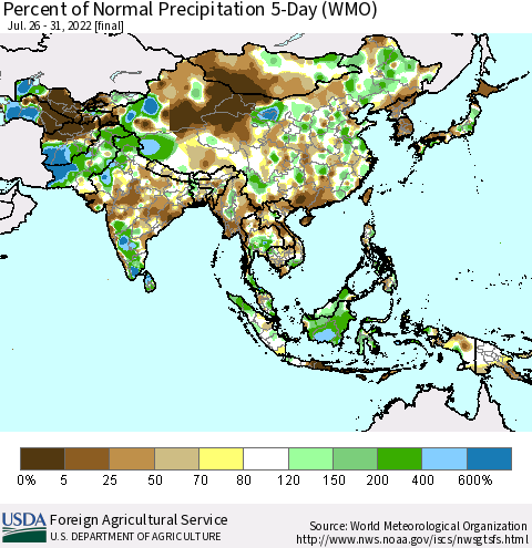 Asia Percent of Normal Precipitation 5-Day (WMO) Thematic Map For 7/26/2022 - 7/31/2022