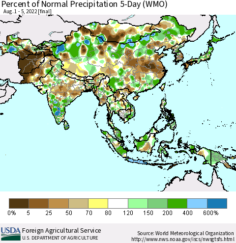 Asia Percent of Normal Precipitation 5-Day (WMO) Thematic Map For 8/1/2022 - 8/5/2022