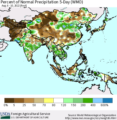 Asia Percent of Normal Precipitation 5-Day (WMO) Thematic Map For 8/6/2022 - 8/10/2022