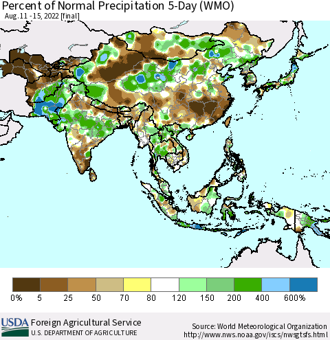 Asia Percent of Normal Precipitation 5-Day (WMO) Thematic Map For 8/11/2022 - 8/15/2022