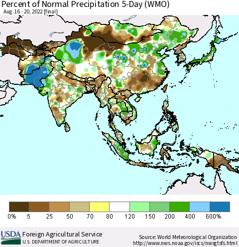 Asia Percent of Normal Precipitation 5-Day (WMO) Thematic Map For 8/16/2022 - 8/20/2022