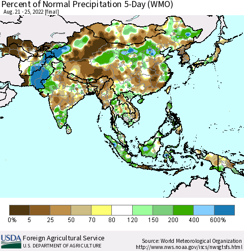 Asia Percent of Normal Precipitation 5-Day (WMO) Thematic Map For 8/21/2022 - 8/25/2022
