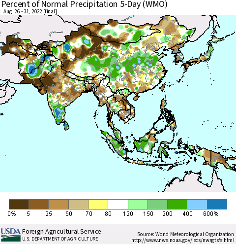 Asia Percent of Normal Precipitation 5-Day (WMO) Thematic Map For 8/26/2022 - 8/31/2022