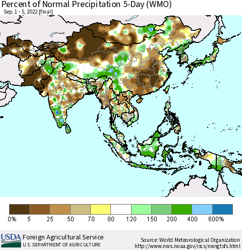 Asia Percent of Normal Precipitation 5-Day (WMO) Thematic Map For 9/1/2022 - 9/5/2022