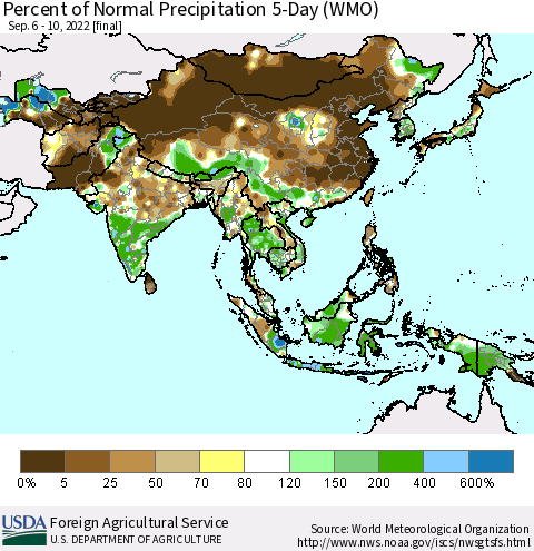 Asia Percent of Normal Precipitation 5-Day (WMO) Thematic Map For 9/6/2022 - 9/10/2022