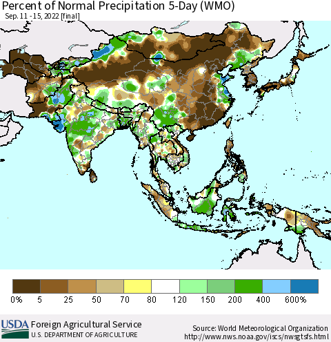 Asia Percent of Normal Precipitation 5-Day (WMO) Thematic Map For 9/11/2022 - 9/15/2022