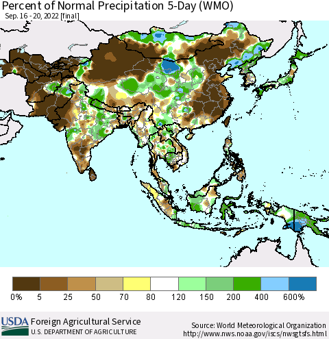 Asia Percent of Normal Precipitation 5-Day (WMO) Thematic Map For 9/16/2022 - 9/20/2022
