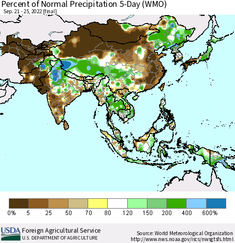 Asia Percent of Normal Precipitation 5-Day (WMO) Thematic Map For 9/21/2022 - 9/25/2022