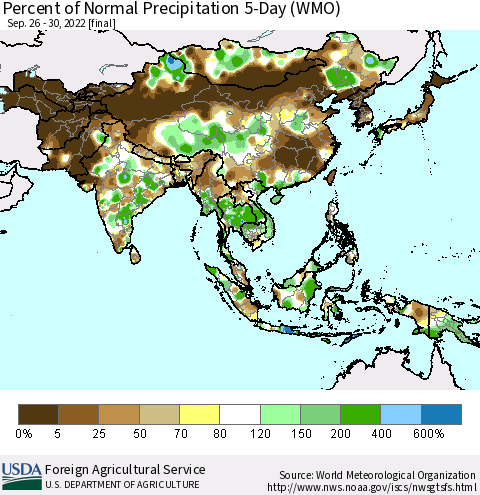 Asia Percent of Normal Precipitation 5-Day (WMO) Thematic Map For 9/26/2022 - 9/30/2022