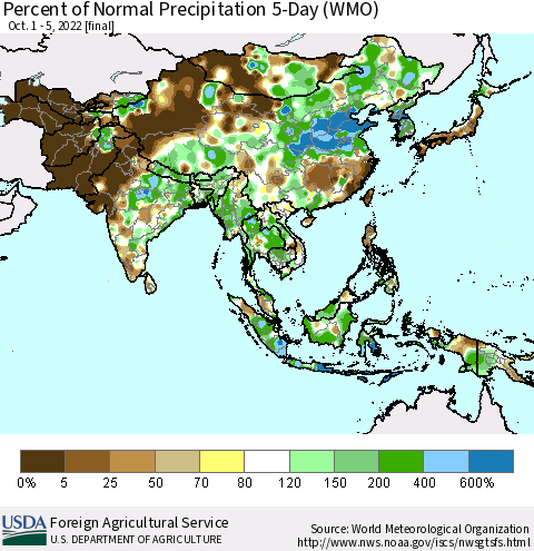 Asia Percent of Normal Precipitation 5-Day (WMO) Thematic Map For 10/1/2022 - 10/5/2022